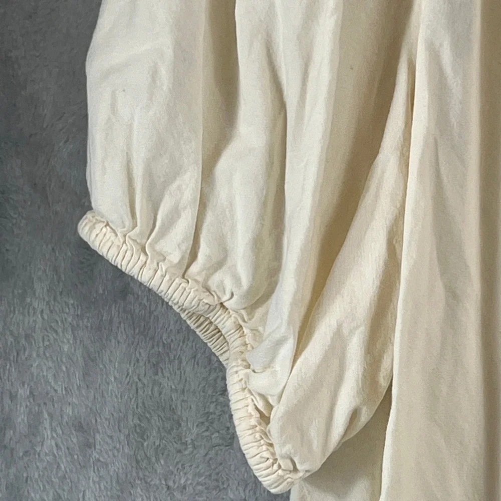 Old Navy Smocked Yoke Top XL Cream Black Puff Sleeve Peasant Boho Blouse Tie